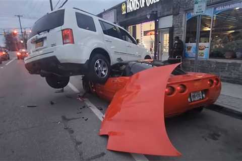 Honda Pilot Driver Confuses Car With Curb, Lands On Top Of C5 Corvette