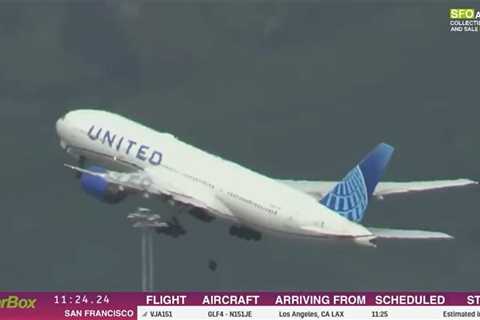 United Air Boeing 777 loses a wheel at takeoff, smashes car