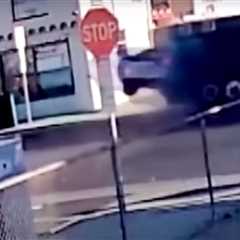 Caught on camera: Bus & Charger crash into California building